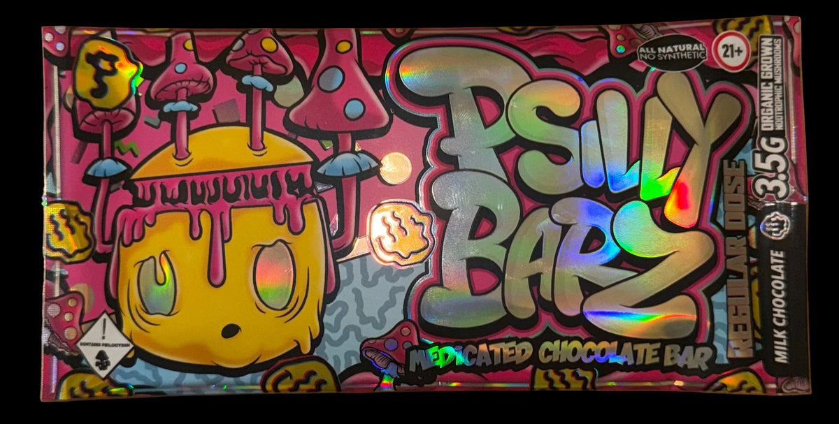Colorful packaging of a Psilly Barz mushroom chocolate bar 