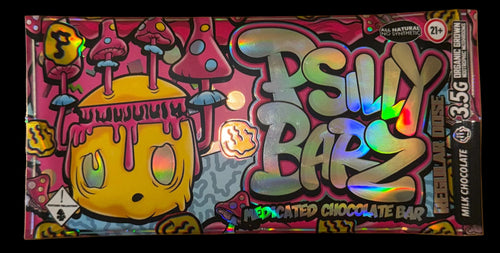 Colorful packaging of a Psilly Barz mushroom chocolate bar 